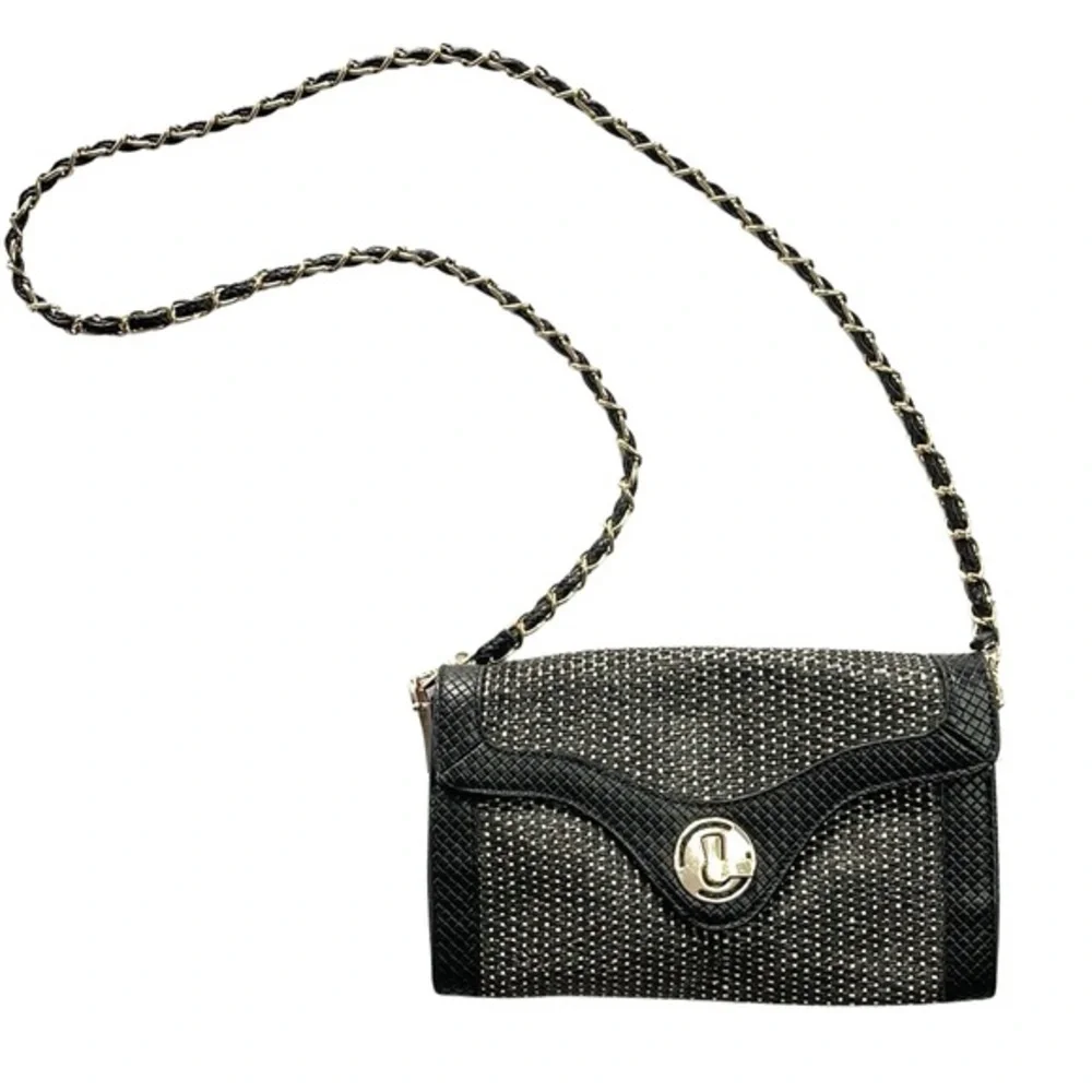 Urban Expressions Woven Vegan Black Leather and Straw Crossbody Wristlet Clutch